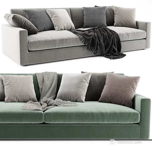 Elegant Two-seater Sofa Featuring Light Gray Green Upholstery Multiple Pillows And Cozy Throw Blanket 3d model 