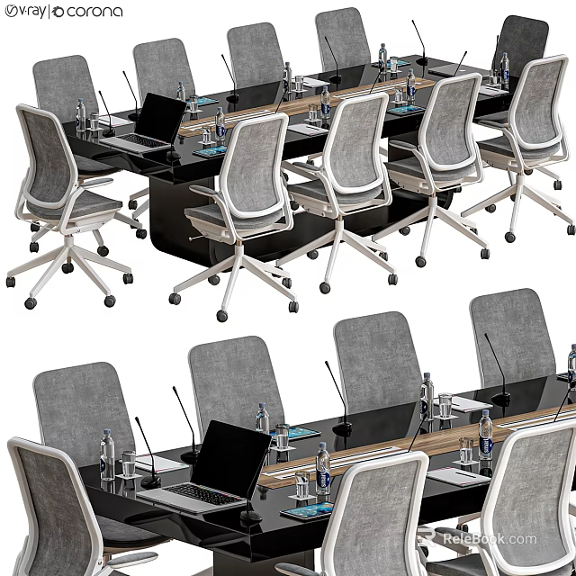 Modern Conference Room Table And Chairs Setup With Laptops Microphones And Water Bottles 3d model 
