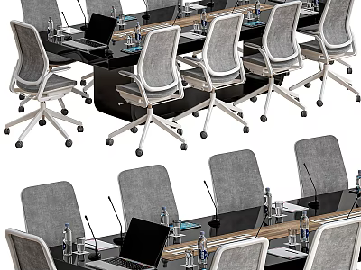 Modern Conference Room Table And Chairs Setup With Laptops Microphones And Water Bottles 3d model