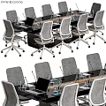 Modern Conference Room Table And Chairs Setup With Laptops Microphones And Water Bottles