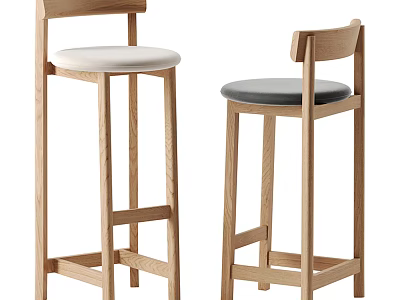 Modern Wooden Bar Stools With White And Gray Cushions In Simple Design 3d model