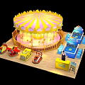 Colorful Amusement Park Carousel Featuring Small Train Rides And Blue Playground Equipment