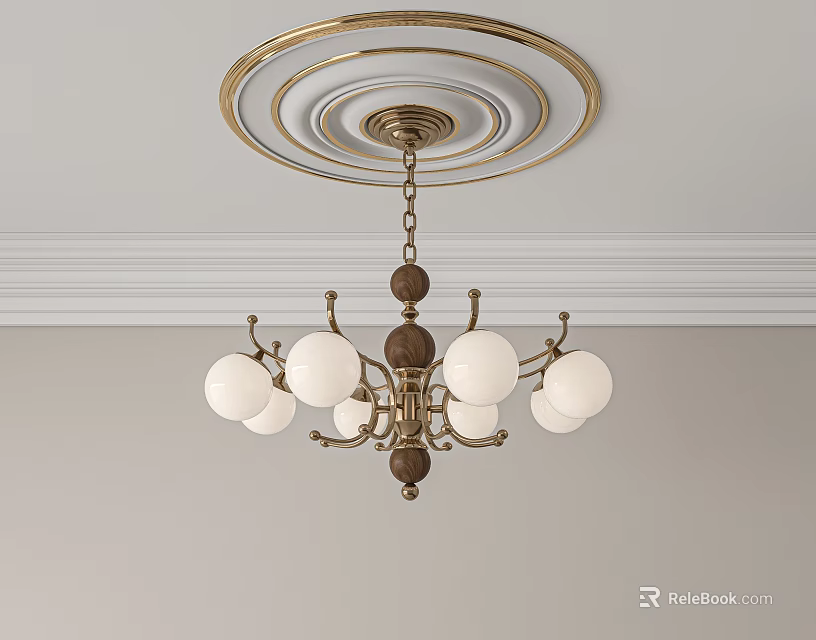 Modern Elegant Golden Chandelier With White Spherical Lampshades And Chain Design 3d model 