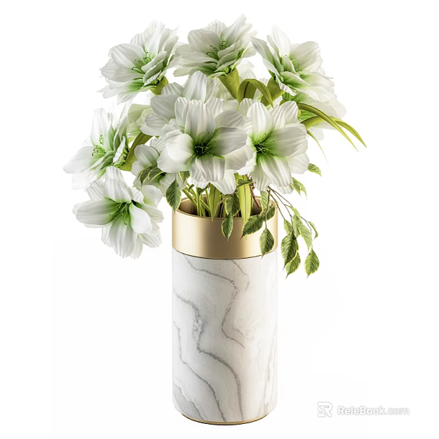 Elegant White Marble Vase With Gold Trim And White Flowers Green Leaves Home Decor 3d model 