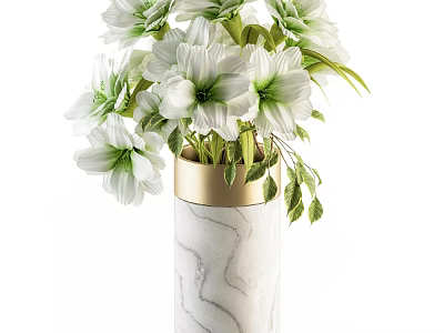 Elegant White Marble Vase With Gold Trim And White Flowers Green Leaves Home Decor 3d model