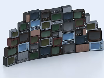 Vintage Televisions In Different Colors And Styles Stacked In Curved Formation 3d model