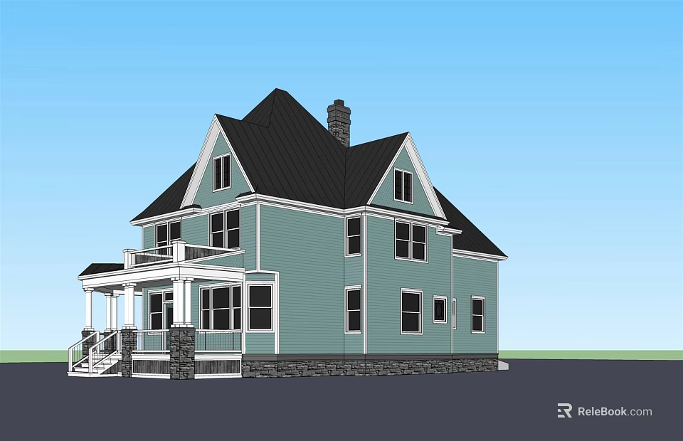 Single Family House With Light Blue Exterior Black Roof Chimney Porch And Stone Foundation 3d model 
