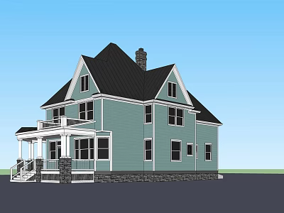 Single Family House With Light Blue Exterior Black Roof Chimney Porch And Stone Foundation 3d model