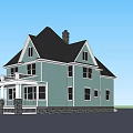 Single Family House With Light Blue Exterior Black Roof Chimney Porch And Stone Foundation