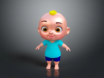 Cute Cartoon Baby with Yellow Hair Blue Shirt Shorts Smiling Face Barefoot Standing 3d model