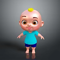 Cute Cartoon Baby with Yellow Hair Blue Shirt Shorts Smiling Face Barefoot Standing