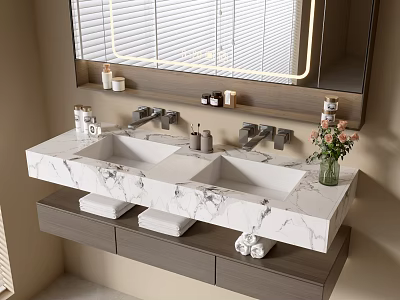 Wall Mounted Bathroom Vanity with Double Sinks Marble Countertop Toiletries Towels and Flower Bouquet 3d model