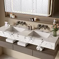 Wall Mounted Bathroom Vanity with Double Sinks Marble Countertop Toiletries Towels and Flower Bouquet