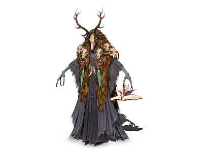 Mystical Character With Antler Headdress And Animal Skull Decorations In Feathered Cloak Holding Ancient Book 3d model