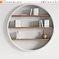 Modern Circular Wall Cabinet With Three Wooden Shelves Books And Decorative Vase