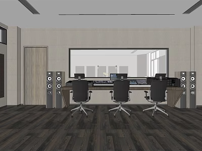 Professional Control Room Interior With Long Desk Computers Black Office Chairs Speakers And Large Window 3d model