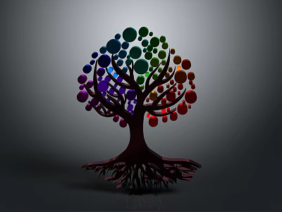 Cartoon Tree Scene With Colorful Circular Fruits Dark Trunk And Intricate Roots 3d model