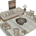 Modern Sofa Set Interior With Beige Upholstery Accent Pillows Wooden Coffee Table And Armchairs