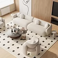 Modern Cream Sofa Set With Round Coffee Table Armchairs And Checkerboard Rug 3d model