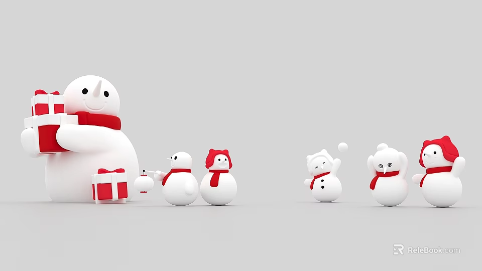 Cute Small And Large Snowmen With Red Scarves Hats And Gift Box Decor 3d model 