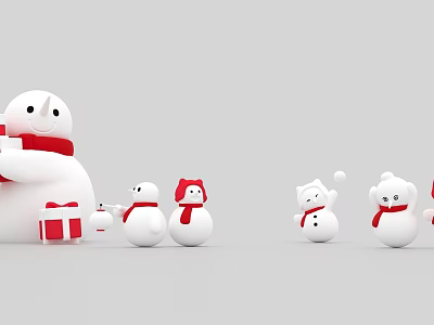 Cute Small And Large Snowmen With Red Scarves Hats And Gift Box Decor 3d model