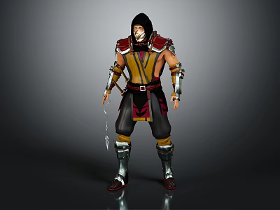 Armored Warrior Character Standing With Black Hood Yellow Red Armor And Weapon On Gray Background 3d model
