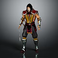 Armored Warrior Character Standing With Black Hood Yellow Red Armor And Weapon On Gray Background