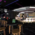 Modern Bar Interior with Bar Counter Stools Customers Dark Marble Floor and Decorative Lights