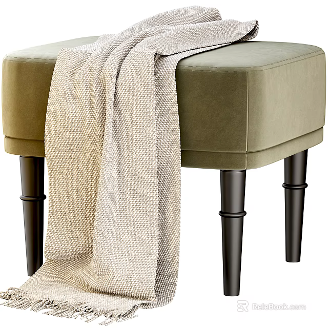 Stylish Olive Green Velvet Footstool With Black Wooden Legs And Beige Woven Blanket 3d model 