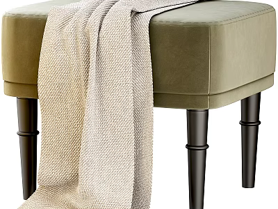 Stylish Olive Green Velvet Footstool With Black Wooden Legs And Beige Woven Blanket 3d model