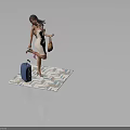 Elegant Woman In Beige Dress Holding Brown Handbag Near Blue Suitcase On Geometric Patterned Carpet