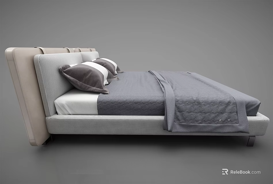 Modern Double Bed Design With Light Beige Headboard Gray Bed Sheets and Decorative Pillows 3d model 