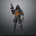 Futuristic Hooded Character In Blue Orange Tactical Outfit Holding Rifle And Combat Knife