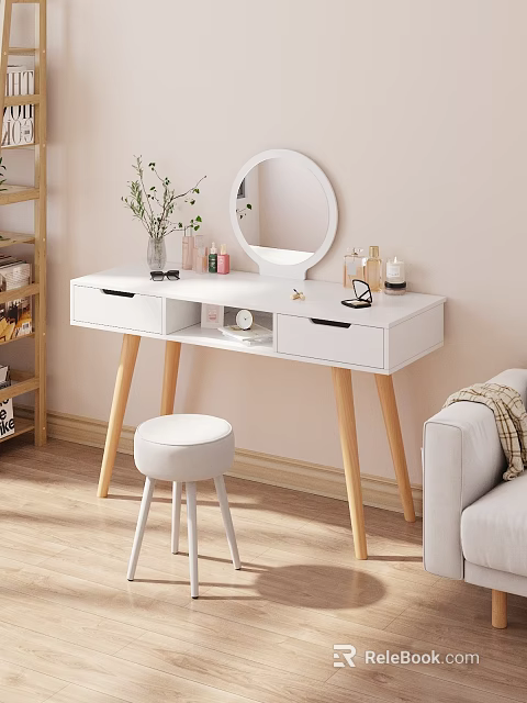 Modern White Dressing Table With Round Mirror Wooden Legs And Cosmetics On Top 3d model 