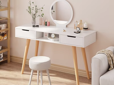 Modern White Dressing Table With Round Mirror Wooden Legs And Cosmetics On Top 3d model