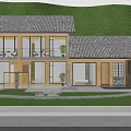 Modern Boutique Guesthouse Building With Stone Wooden Large Glass Windows Balcony Plants Lawn Stone Path