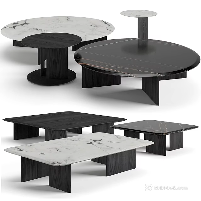 Modern Assorted Tables Featuring Round Square Shapes Marble Tops Black Wooden Frames 3d model 