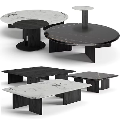 Modern Assorted Tables Featuring Round Square Shapes Marble Tops Black Wooden Frames 3d model