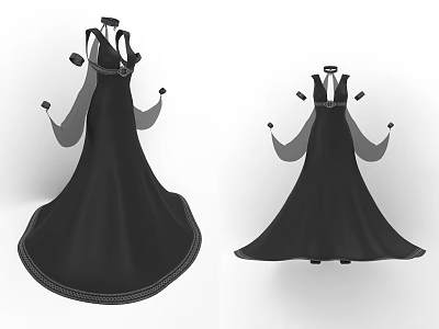 Stylish Black Gown Featuring Flowing Sleeves And Flared Skirt With Trimmed Edges Design 3d model
