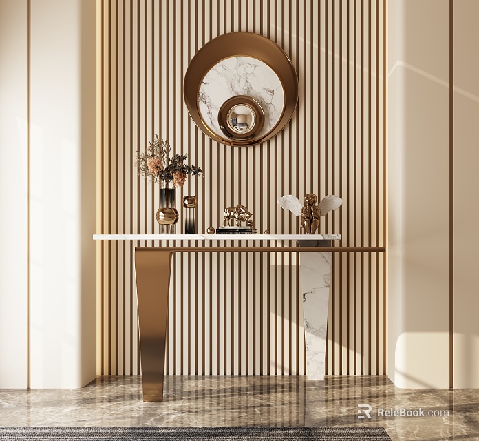 Elegant Modern Console Table With Marble Top Round Mirror And Floral Decorations 3d model 