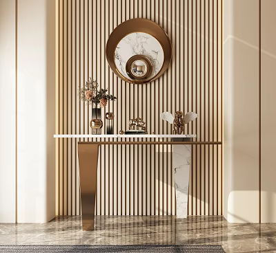 Elegant Modern Console Table With Marble Top Round Mirror And Floral Decorations 3d model