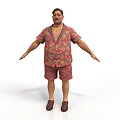 Man in Floral Shirt Red Shorts with Gold Necklace on White Background Arms Outstretched