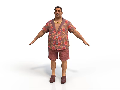 Man in Floral Shirt Red Shorts with Gold Necklace on White Background Arms Outstretched 3d model