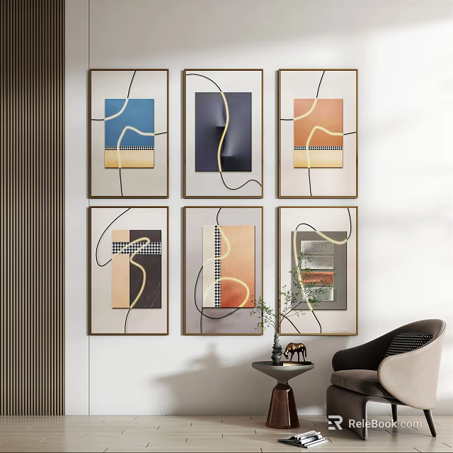 Modern Abstract Wall Art With Geometric Patterns And Framed Paintings 3d model