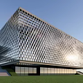Modern Sales Office Building With Geometric Metal Grid Facade And Green Lawn