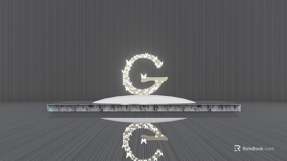 Letter G Sculpture Made of Small Pieces on White Platform with Gray Background and Reflection 3d model 