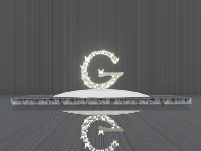 Letter G Sculpture Made of Small Pieces on White Platform with Gray Background and Reflection 3d model