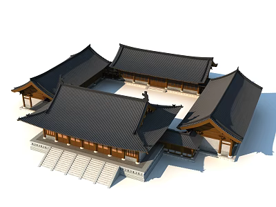 Ancient Architecture Traditional Style Wooden Structure With Multiple Black Roofs And Courtyard Steps 3d model