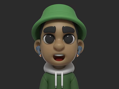 3D Cartoon Character In Green Hat And Hoodie With Big Eyes And Headphones 3d model