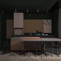 Modern Open Kitchen Interior Design With Large Windows Cityscape View And Dark Cabinets 3d model